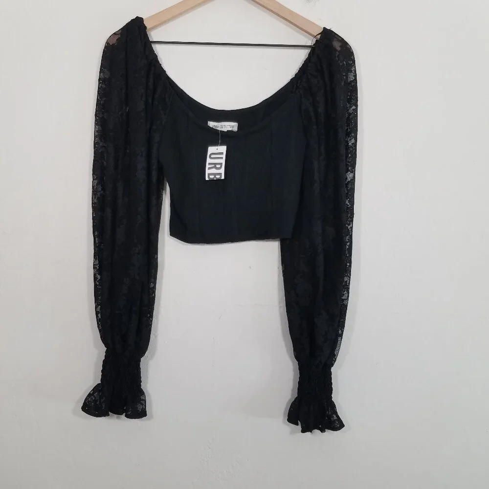 NWT Urban Outfitters Off the Shoulder Lace Long Sleeves Crop Blouse Top Black M